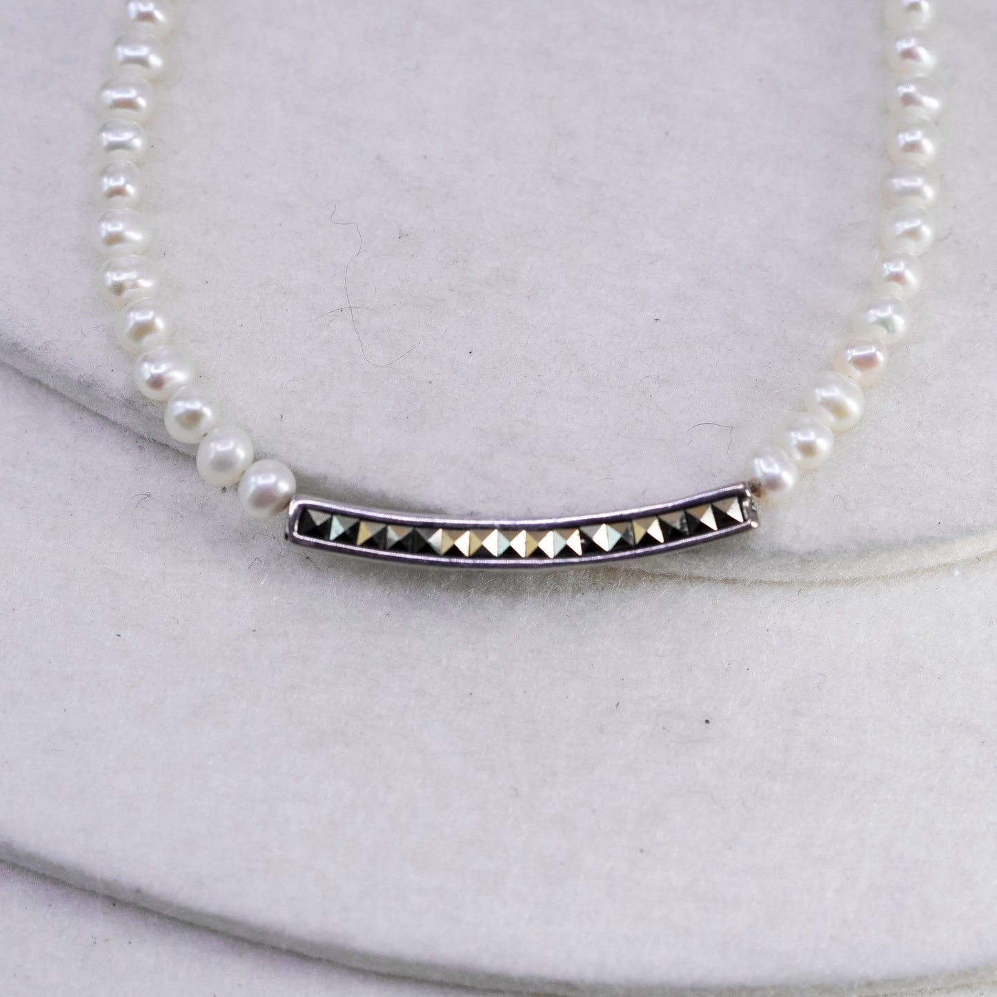 14+2”, Sterling 925 silver handmade pearl tennis necklace Marcasite bar pendant