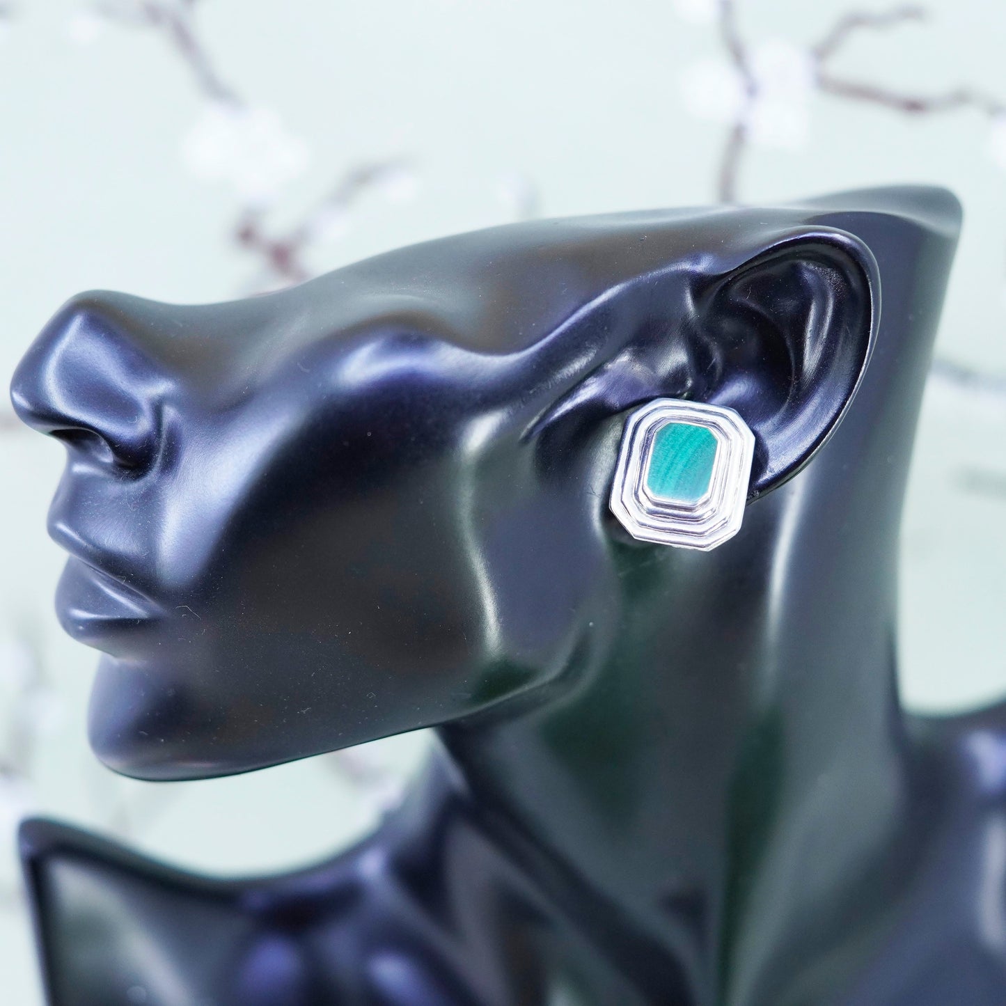 Vintage Mexico sterling silver handmade malachite earrings, 925 studs