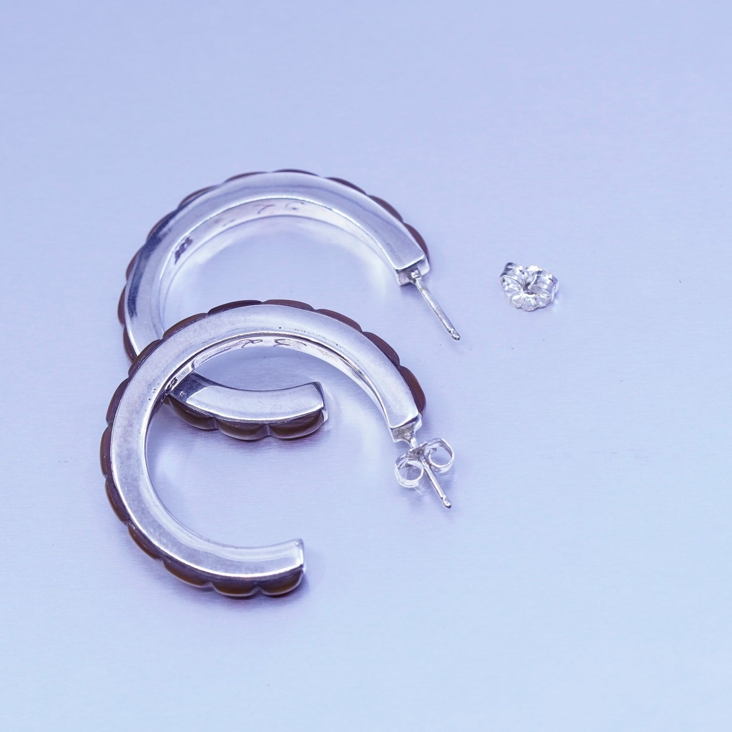 1.25”, vintage Sterling silver handmade earrings, 925 Huggie hoops with abalone