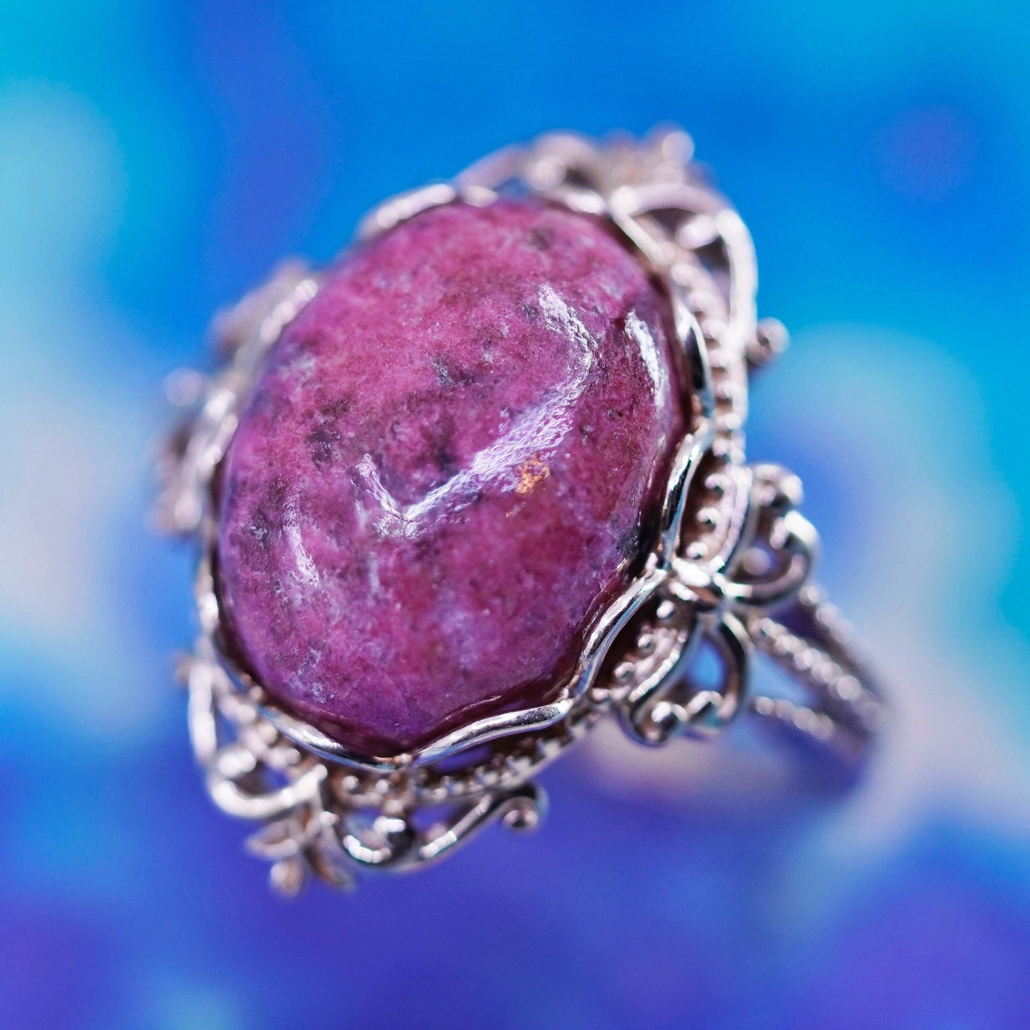 Size 7.25 vintage vermeil rose gold sterling silver filigree ring pink jasper