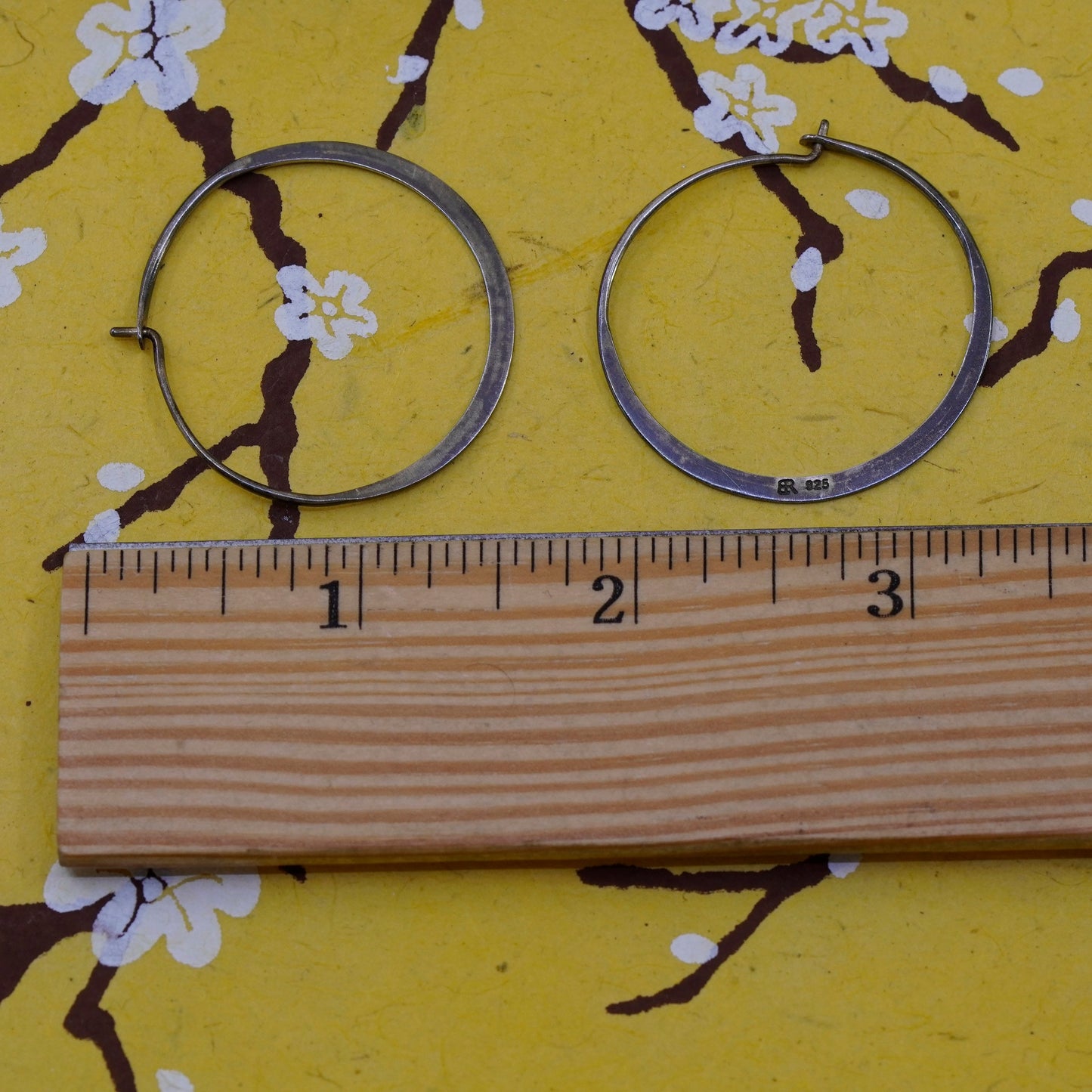 1.5”, vintage BR Sterling silver handmade earrings, 925 flatten hoops