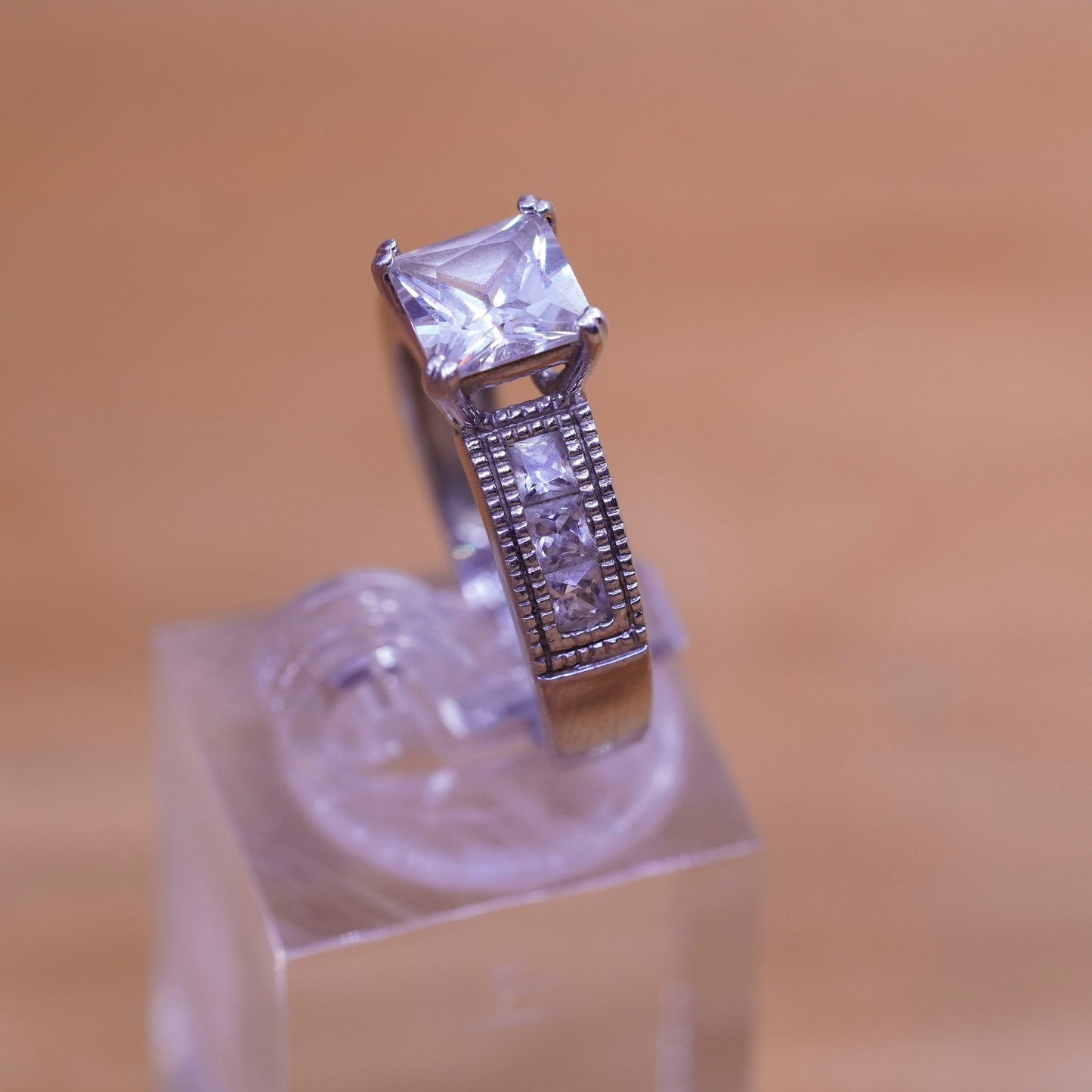 Size 6.75, vintage Sterling 925 silver engagement ring with cluster cz
