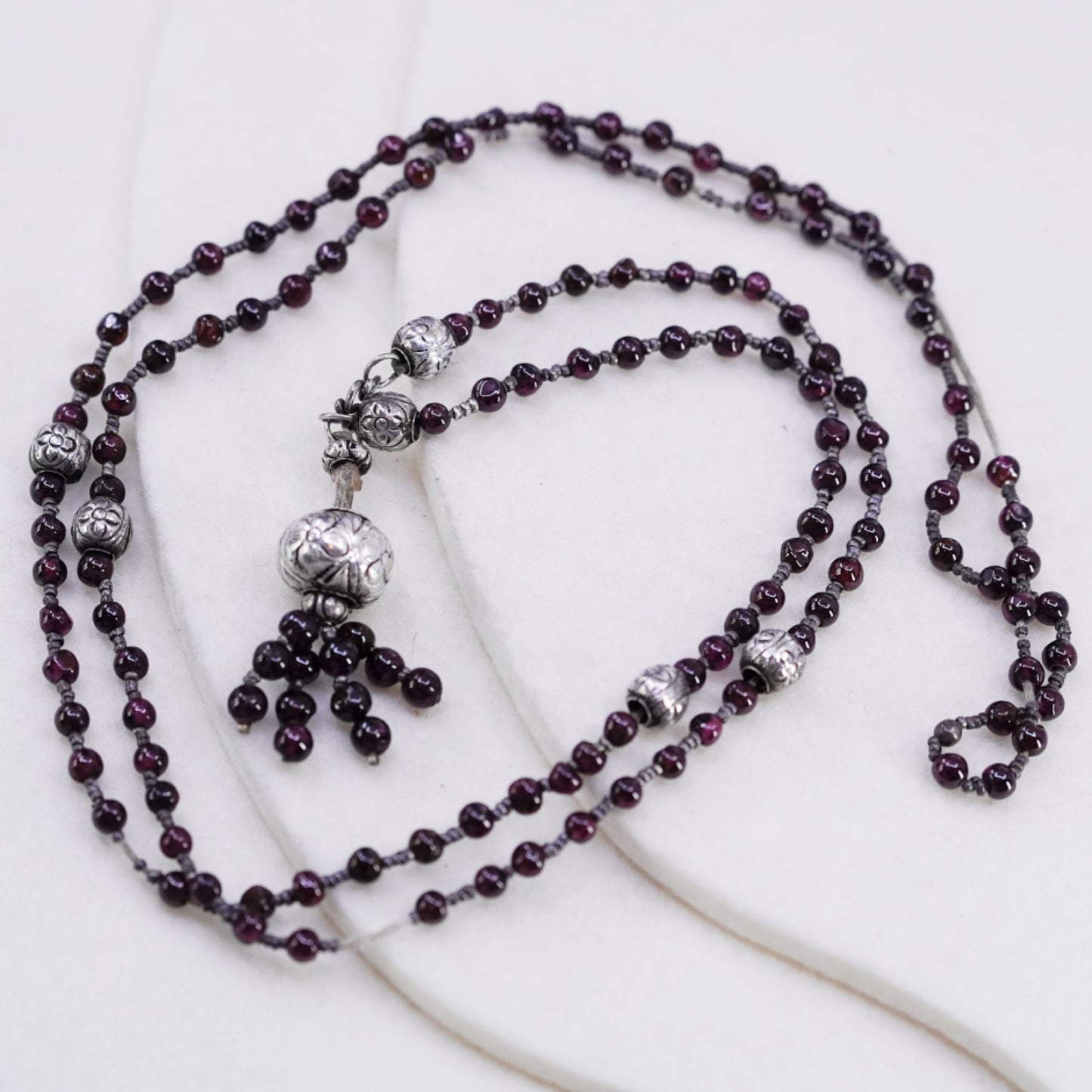 34”, vintage Sterling 925 silver handmade necklace with garnet beads pendant