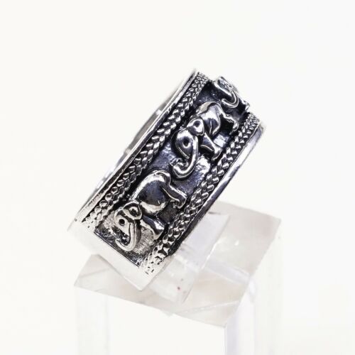 Sz 10, Vtg Sterling Silver Handmade Ring 925 Silver Band W/ Elephant Embossed
