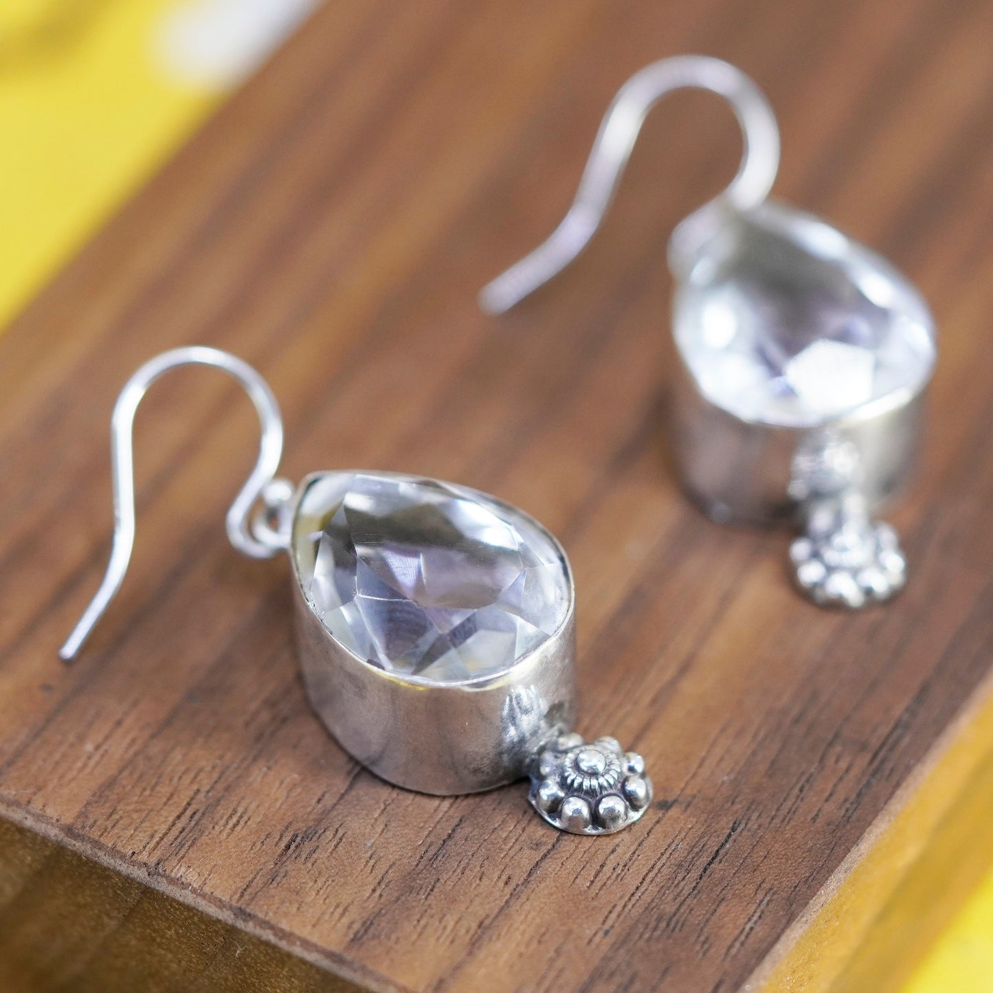 Vintage Sterling 925 silver handmade teardrop earrings with crystal