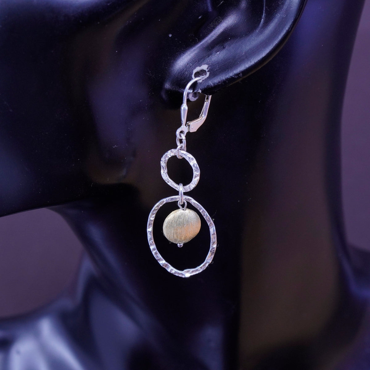 two tone Sterling 925 silver handmade circle earrings with brass bead dangles