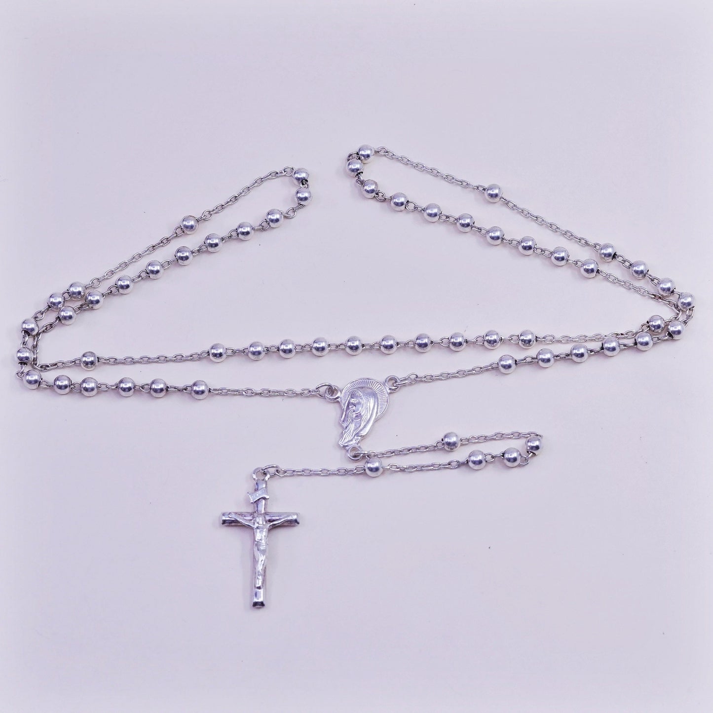 24”, Vintage Israel sterling silver rosary necklace circle chain cross pendant