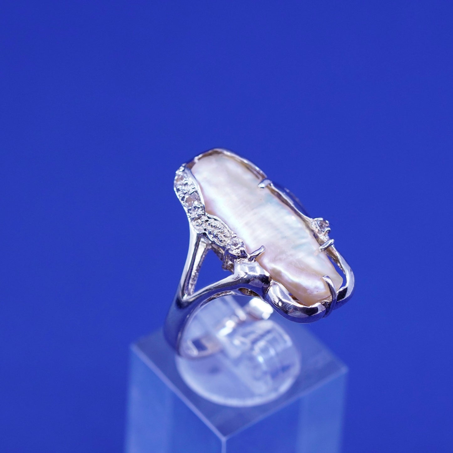 Size 10.25, vtg sterling 925 silver handmade statement ring with pearl and Cz
