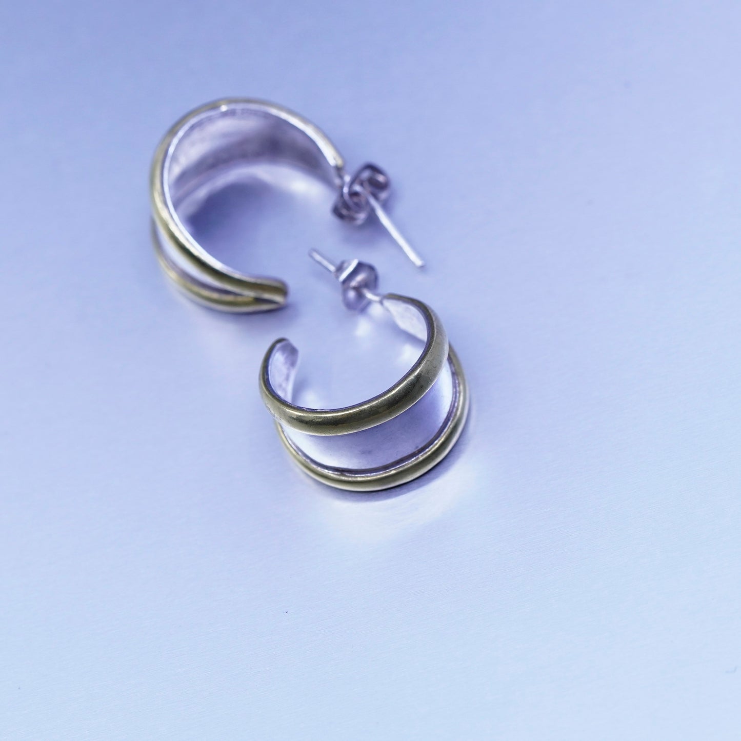 0.75”, two tone Sterling silver earrings, modern 925 Huggie hoops brass trim