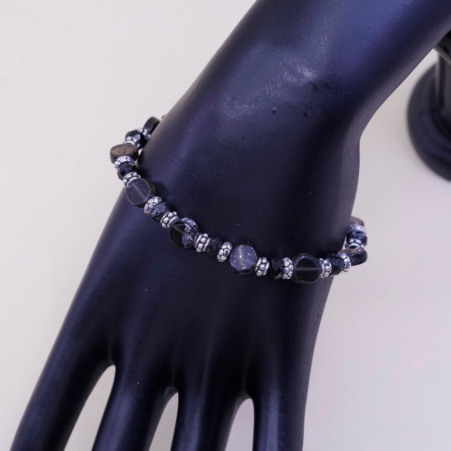 7”, sterling silver handmade bracelet, 925 beads w/ smoky crystal N heart clasp