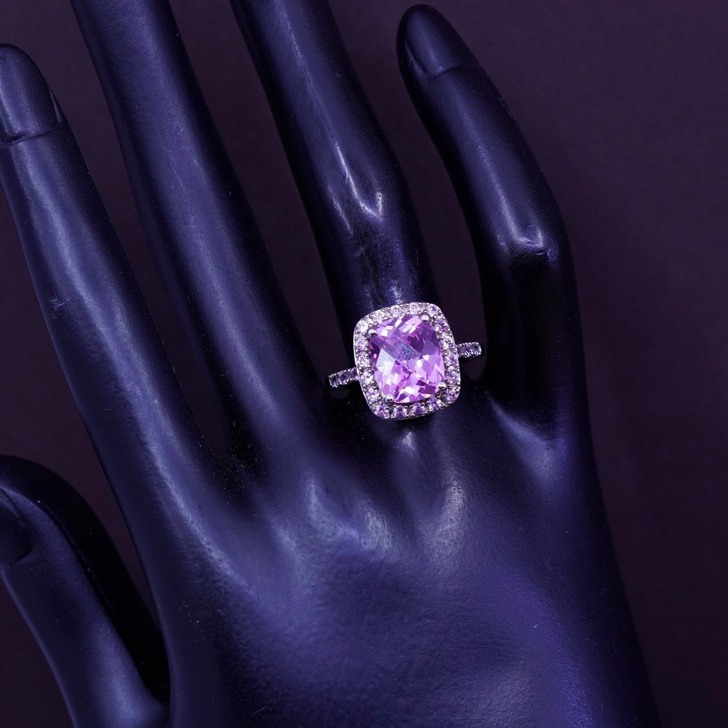 Size 8.5, vintage Sterling 925 silver handmade cocktail ring with pink crystal