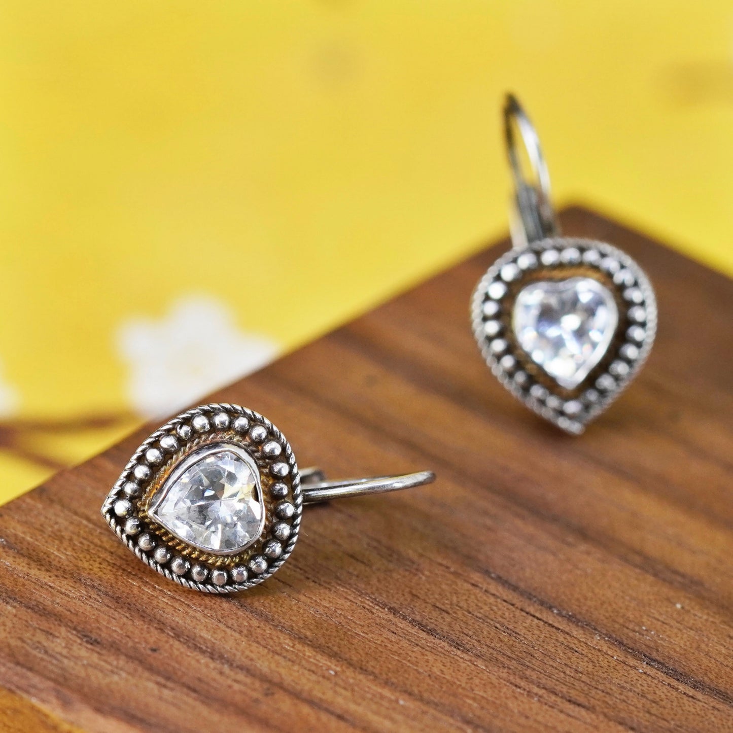 Vintage Sterling 925 silver handmade heart earrings with crystal and beads