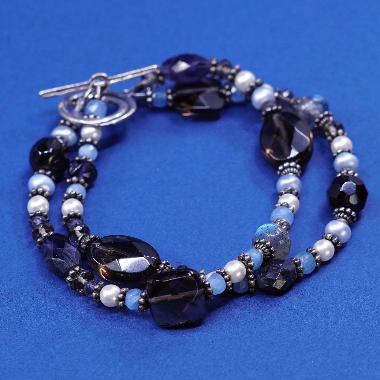 6.5", Sterling silver handmade bracelet, 925 clasp w/ topaz pearl N labradorite