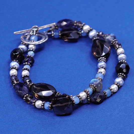 6.5", Sterling silver handmade bracelet, 925 clasp w/ topaz pearl N labradorite
