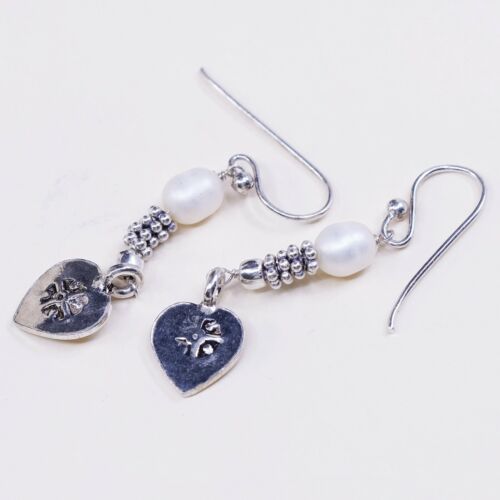 Vintage Southwestern handmade Sterling 925 Silver Heart Earrings w/ Pearl Beads
