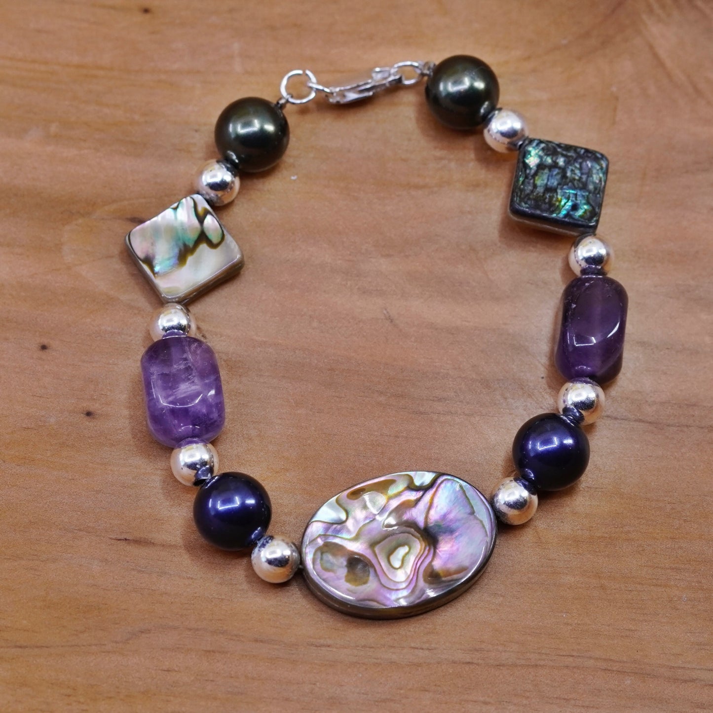 7”, Vintage Sterling silver handmade bracelet with abalone amethyst beads