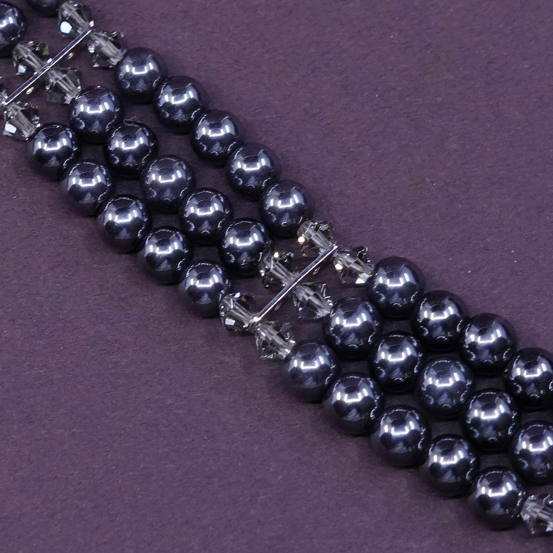 7” 1960s sterling 925 silver handmade bracelet, hematite marcasite