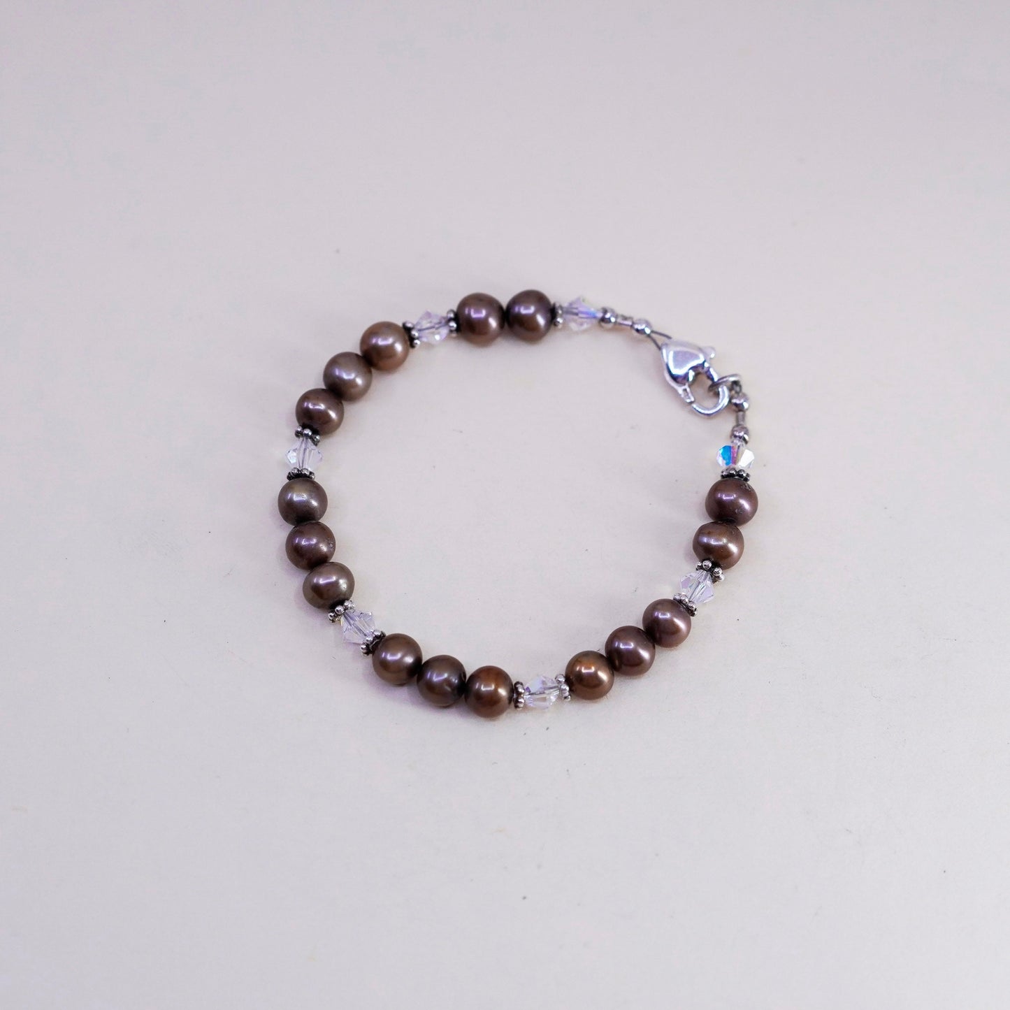 6.5”, Sterling 925 silver handmade bracelet, golden pearl with crystal beads