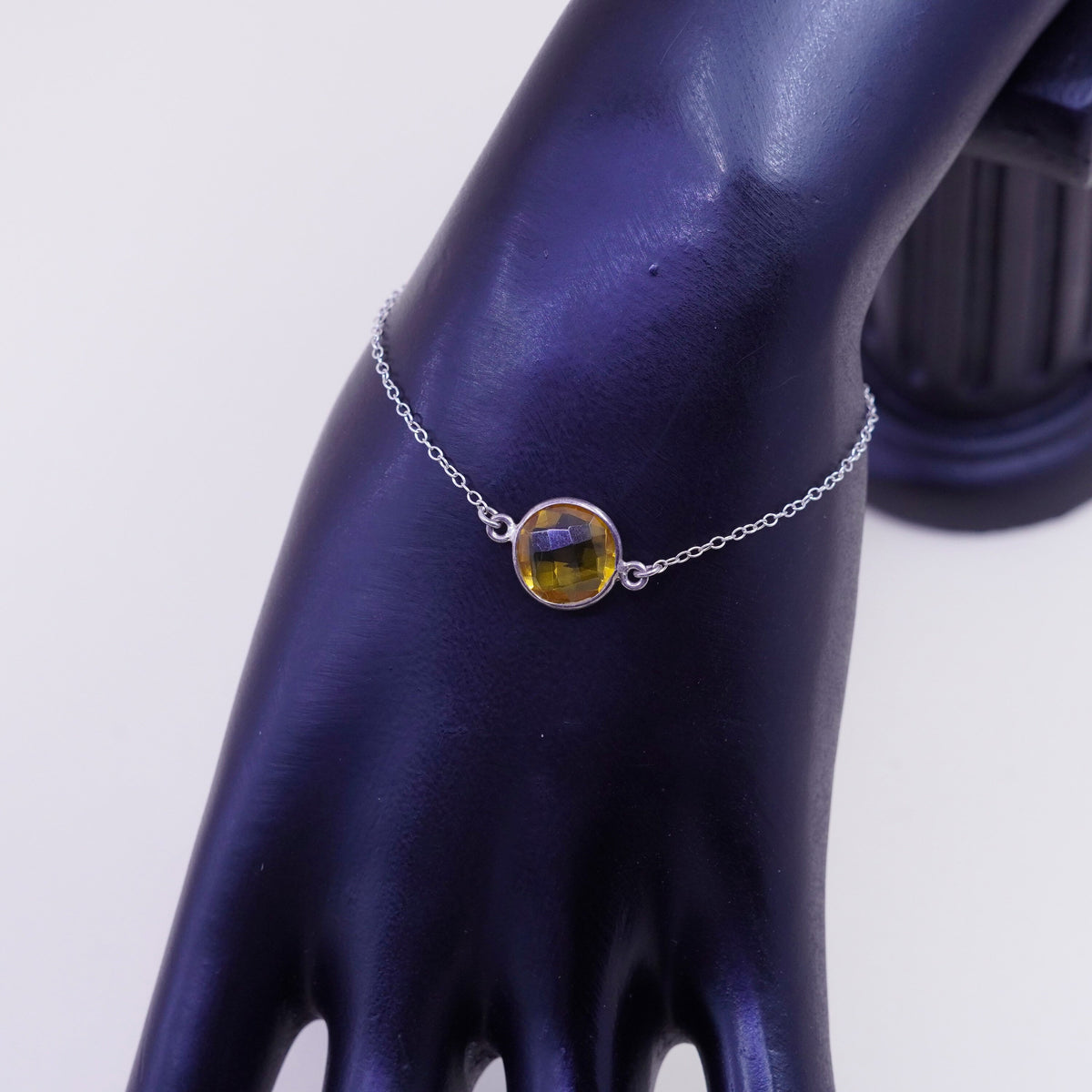 7.25”, 1mm, Vintage sterling 925 silver circle chain bracelet with citrine