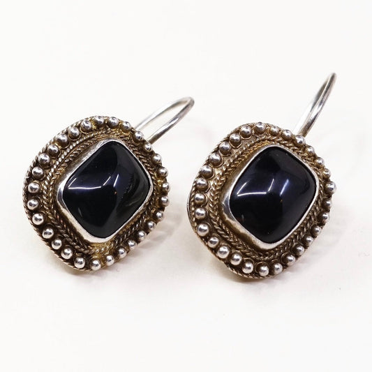 VTG gold over Sterling silver handmade earrings, 925 drops w/ obsidian n beads
