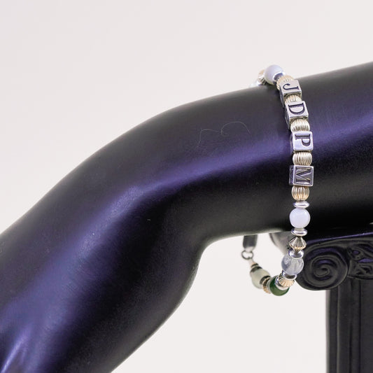 6.5”, 14K gold beads Sterling 925 Silver prehnite jade bracelet “JDPM” cubes