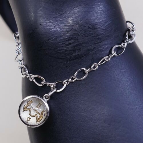 7”, 6mm, vtg Sterling Silver Bracelet, 925 Twisted Figaro Chain W/ Gemini