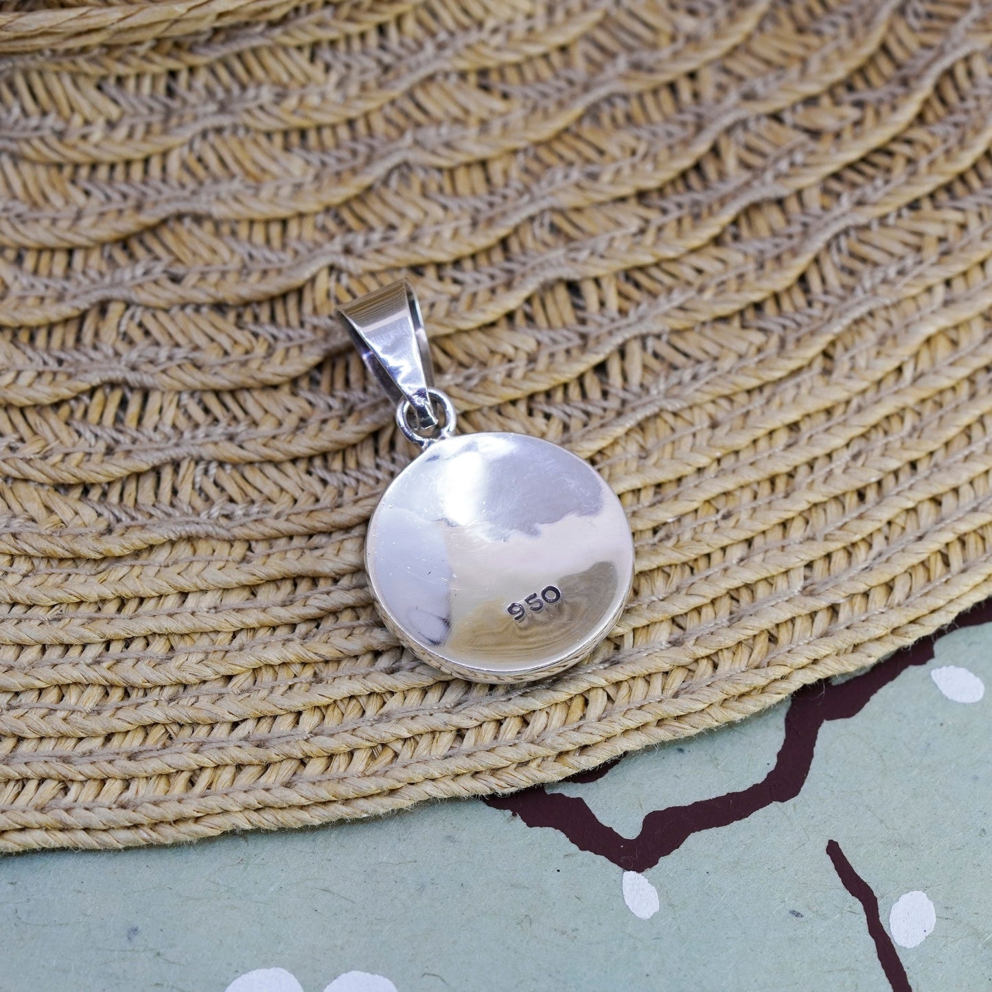 Vintage Sterling 950 pendant, Peruvian Inca silver turquoise, MOP carol pyramid