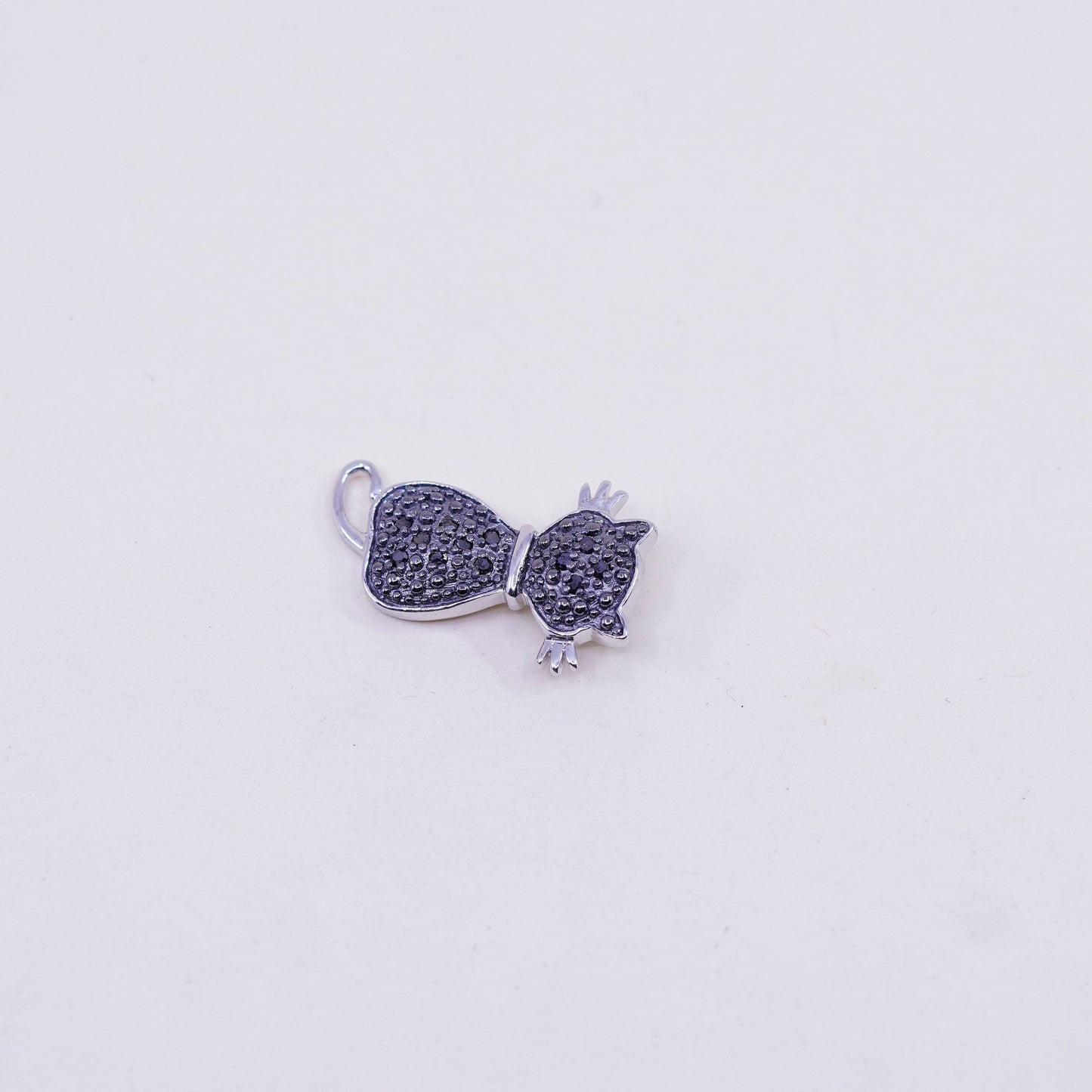 Vintage Sterling silver handmade pendant, 925 kitty cat with black diamond