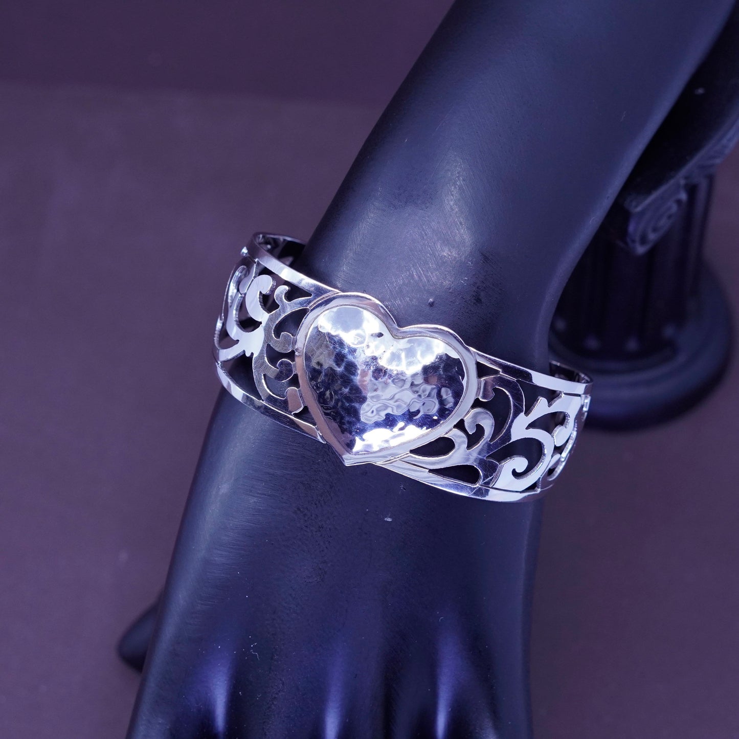 6.5”, vtg ATI Sterling silver handmade heart bracelet, mexico 925 Filigree cuff