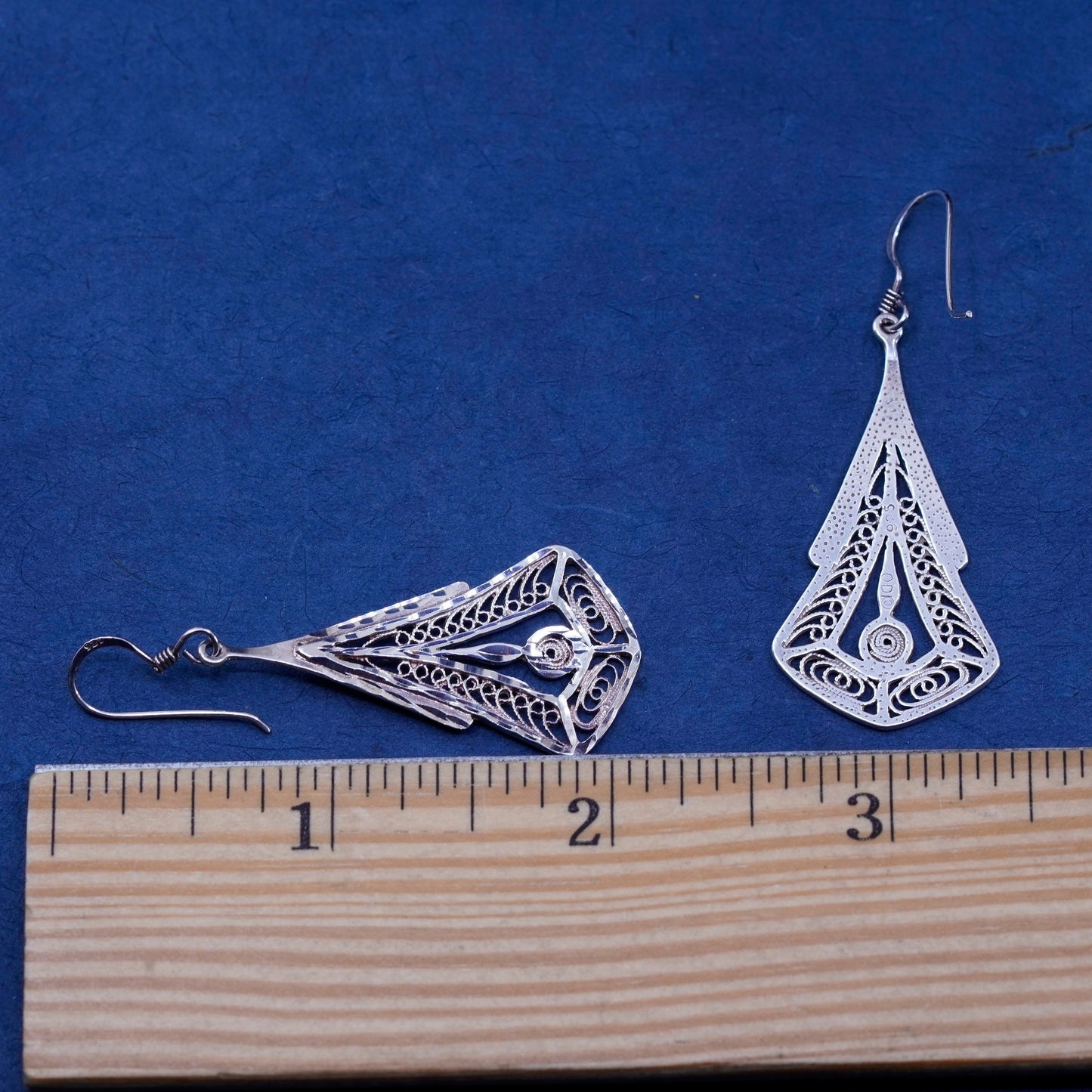 Vintage sterling silver handmade earrings, 925 filigree teardrop drop