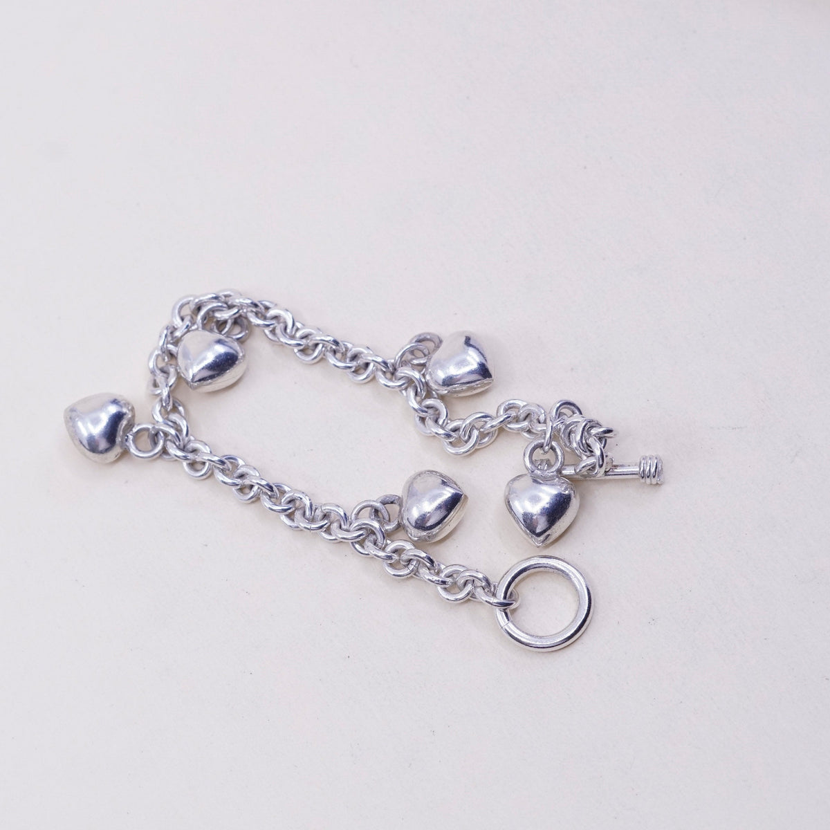 7“, 5mm, Vintage sterling 925 silver circle bracelet with solid heart charm