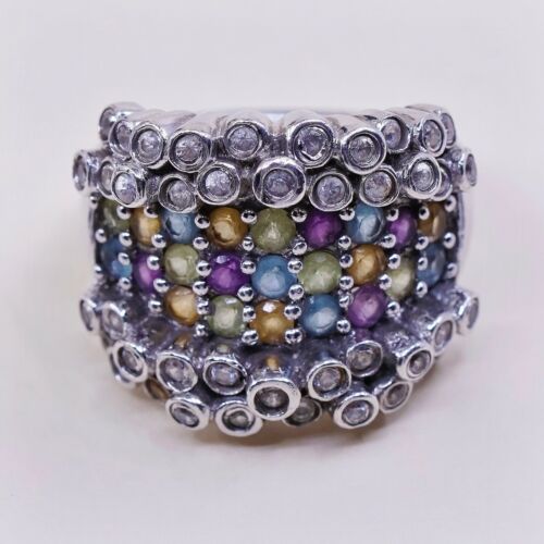 Sz 7.25, Vtg Sterling 925 silver Statement ring W/ Colorful Cluster Quartz