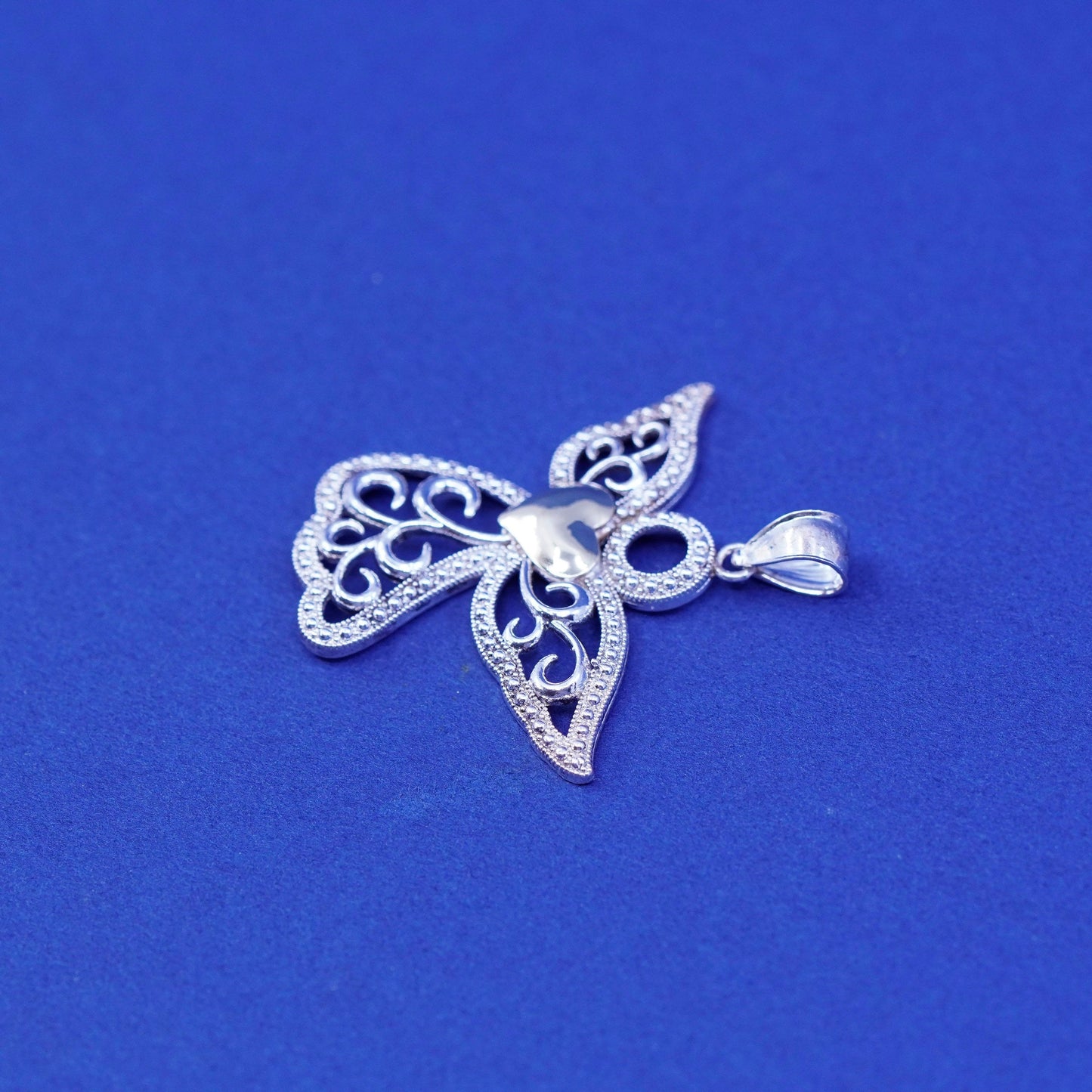 Sterling silver handmade pendant, 925 two tone filigree angel w/ 14K gold heart