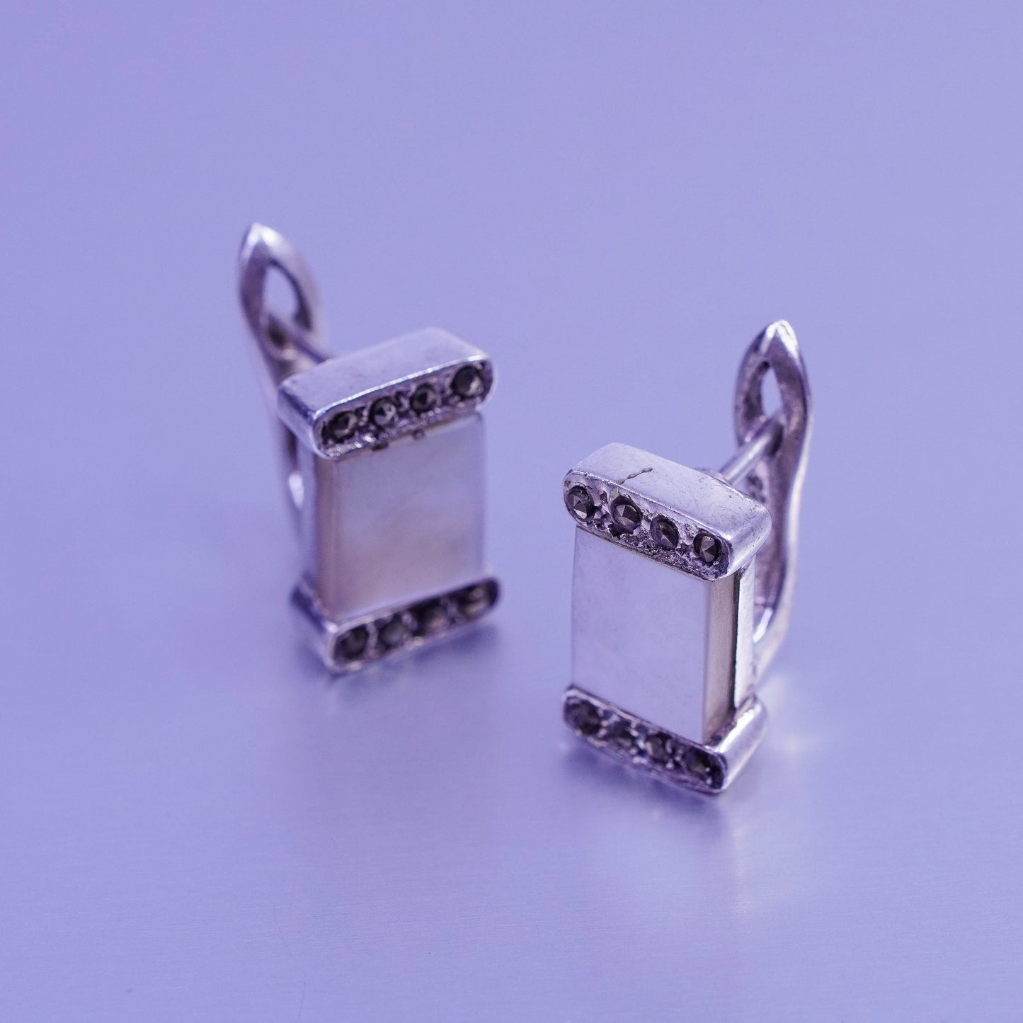 Sterling 925 silver earrings, rectangular studs mother of pearl and marcasite