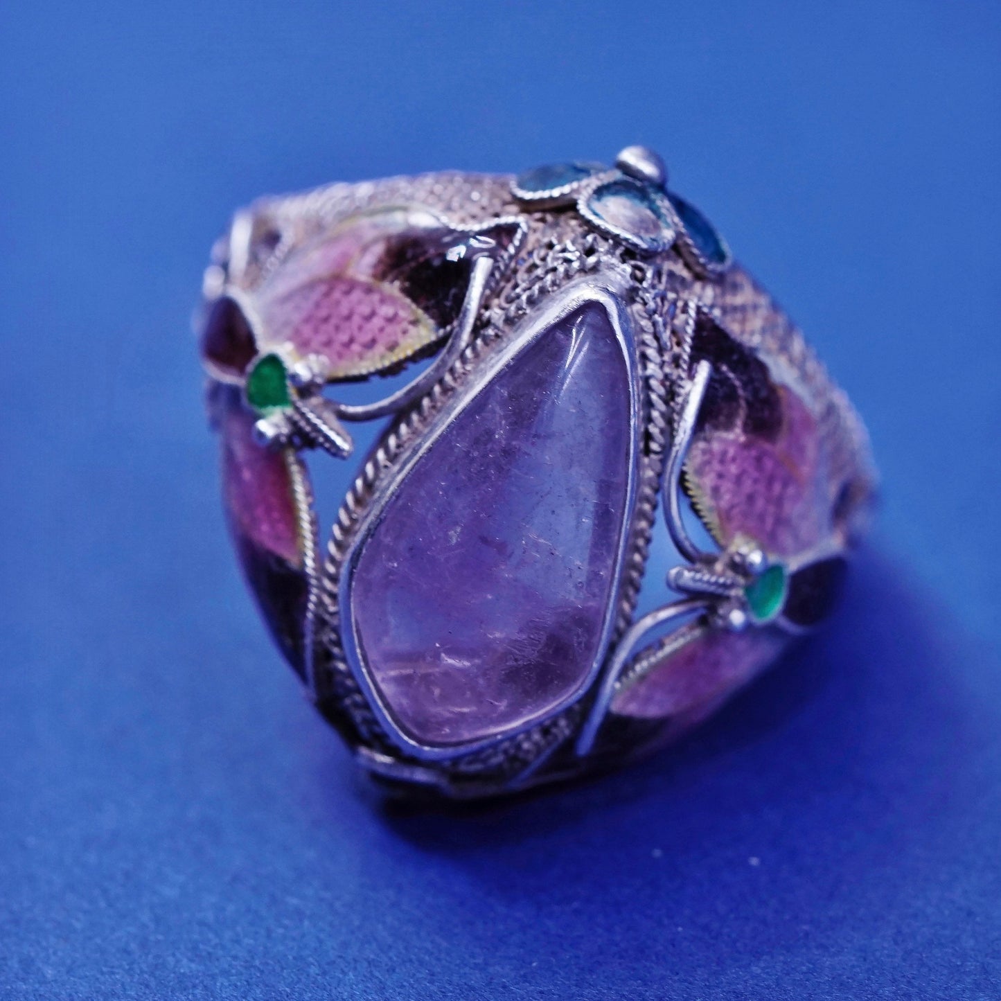 sz 11, gold over Sterling 925 silver ring w/ amethyst and enamel butterfly