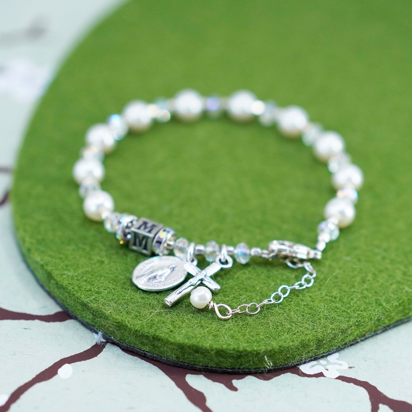 6.75”, handmade bracelet, freshwater pearl with 925 Virgin Mary Jesus charm