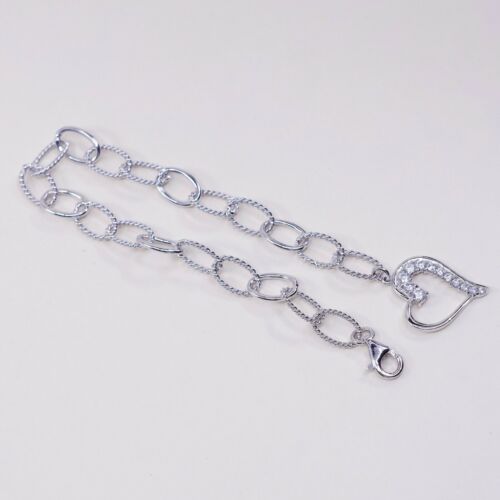 7” Vtg Sterling Silver Handmade Bracelet, 925 Rope Circle W/ Heart Cz Charm