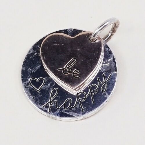 Vintage Two Tone Sterling Silver Pendant, 925 Quote Tag “be Happy” Copper Heart