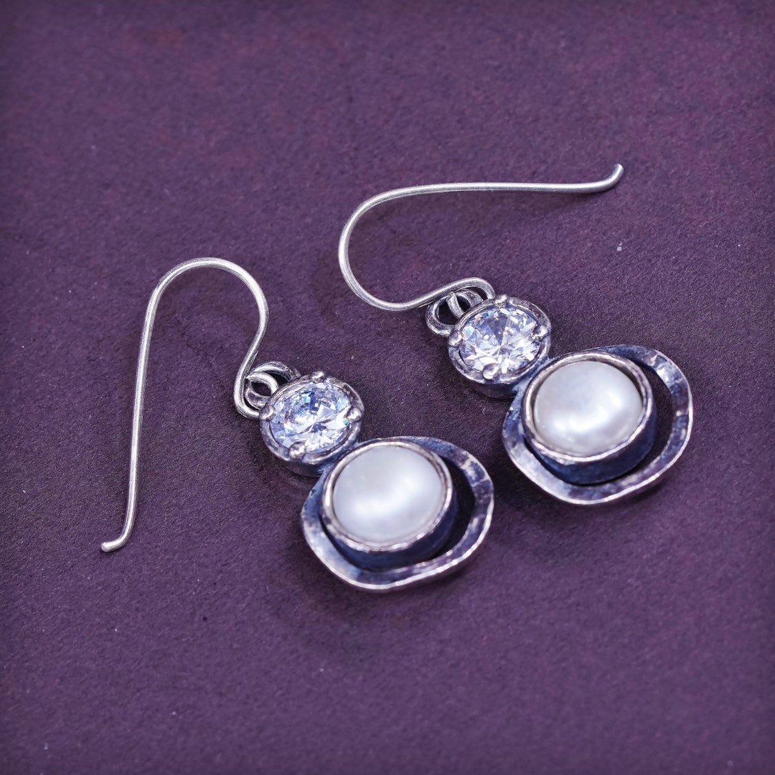 vtg Israel Sterling silver handmade earrings, 925 hoops w/ pearl and cz