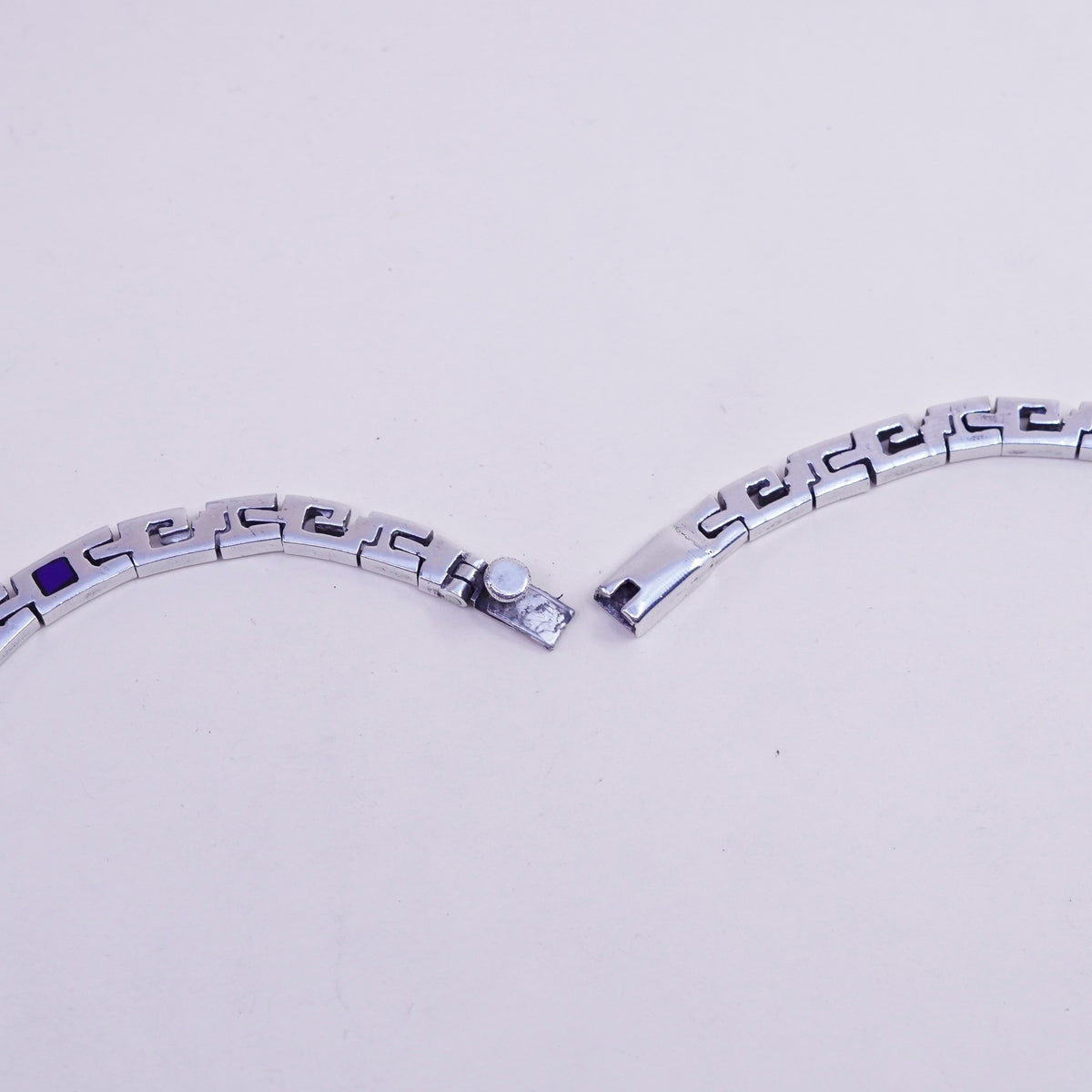 17”, vintage Mexico sterling silver necklace, men 925 S link chain blue enamel