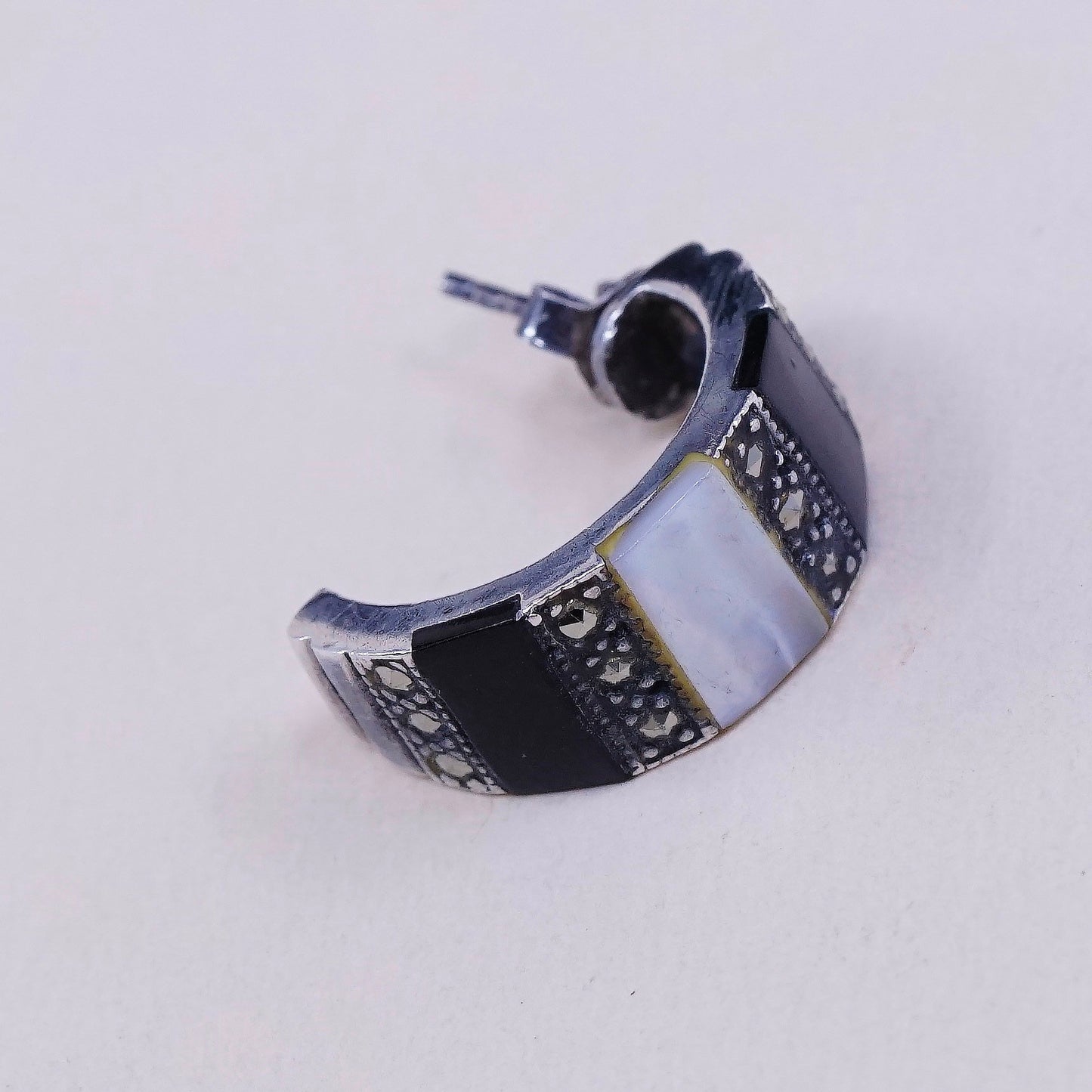 vtg handmade 925 Sterling earrings, 925 Huggie studs w/ MOP obsidian marcasite