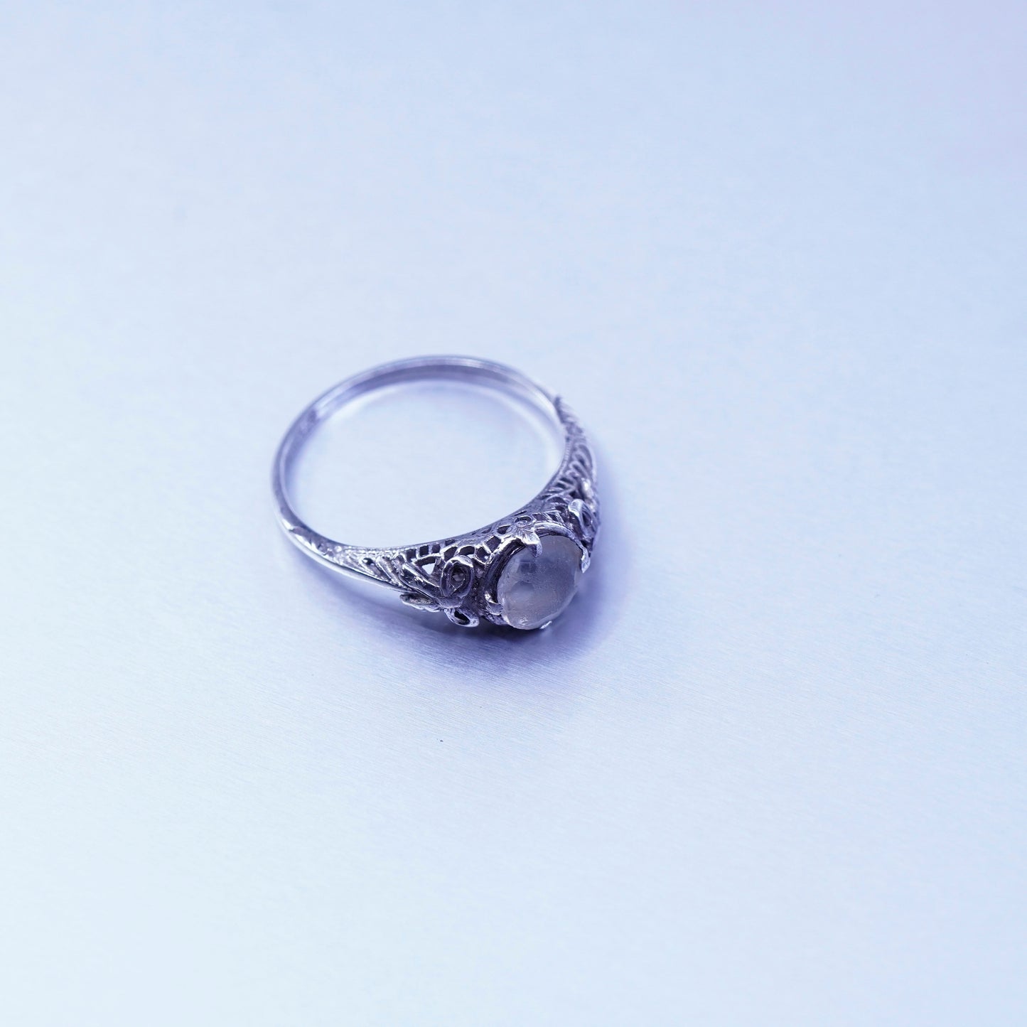 Size 8.25, vintage Sterling 925 silver handmade ribbon bow ring with moonstone