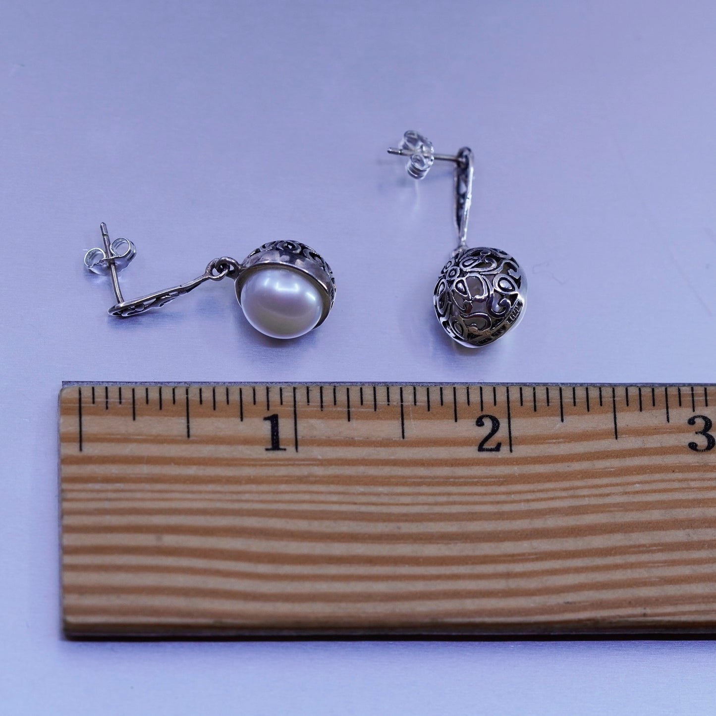 Vintage Sterling 925 silver handmade filigree earrings with pearl