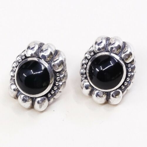 Vintage Sterling Silver Handmade Earrings, 925 Silver Studs W/ Obsidian N Beads