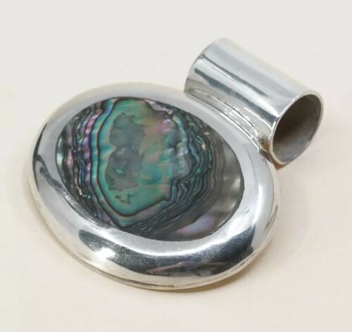 Vtg Large Sterling Silver Abalone Handmade Pendant, Mexico solid 925 silver