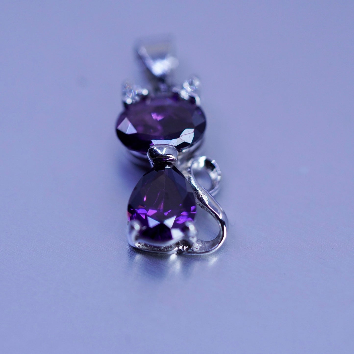 antique sterling 925 silver cat kitty pendant with amethyst and Cz