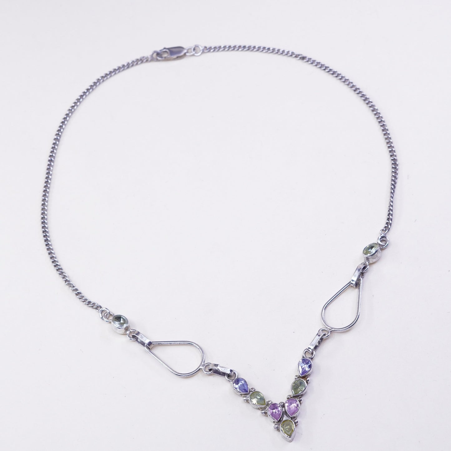 18” handmade V necklace, sterling silver 925 curb chain topaz crystal citrine