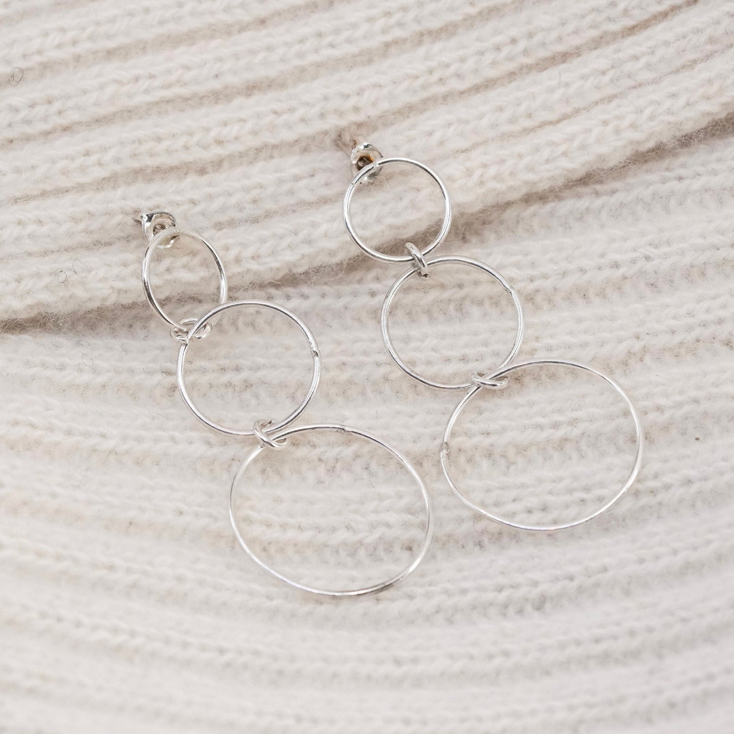 Vintage sterling silver handmade earrings, 925 multi circle dangles