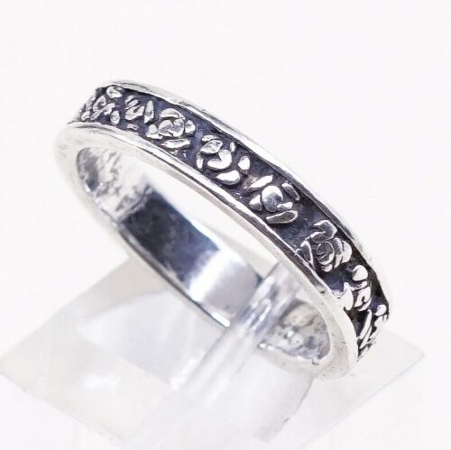 Size 8, Vtg Sterling Silver Handmade Ring, 925 Band W/ Flower Floral Embossed