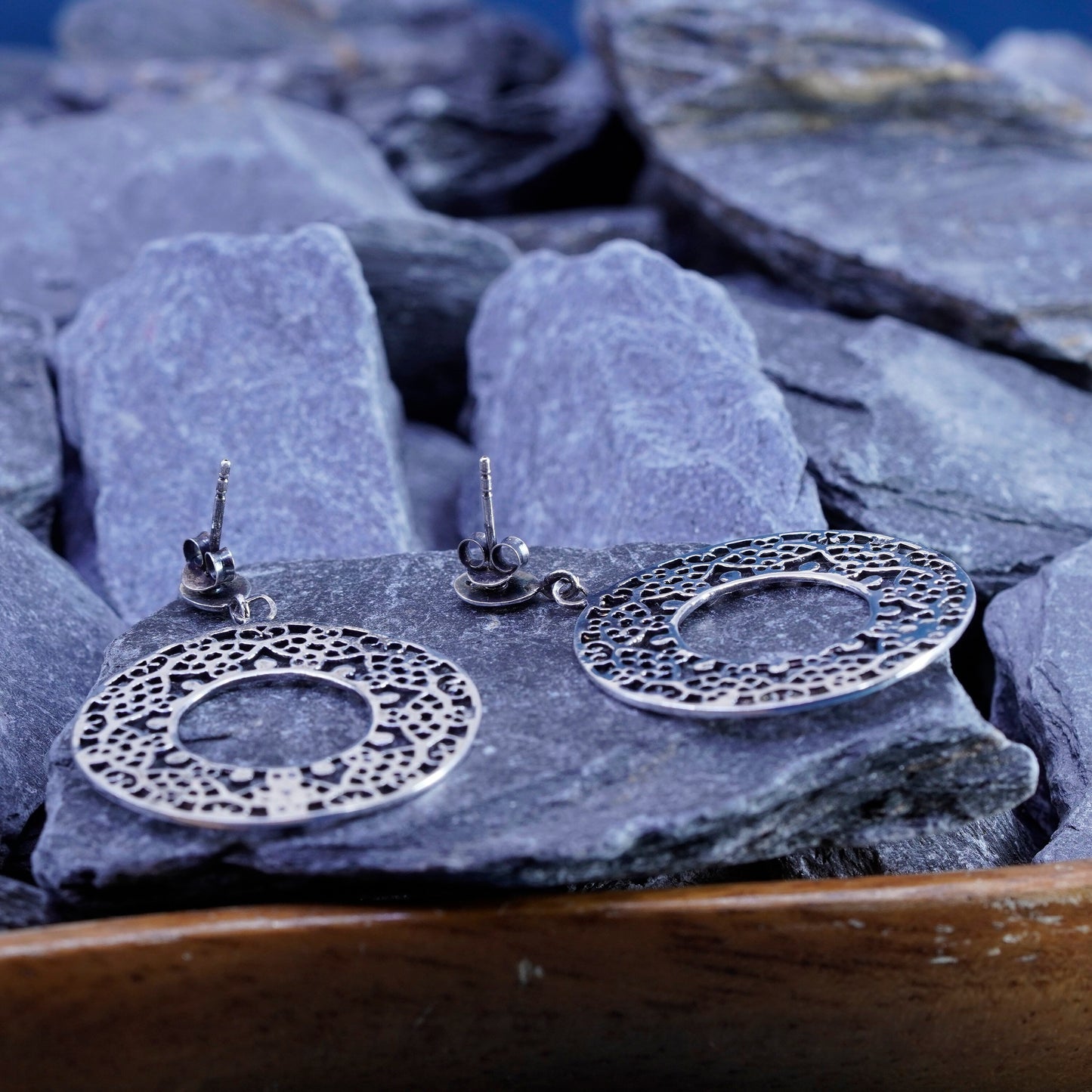 Vintage Sterling silver handmade earrings, 925 Bali filigree circle drops